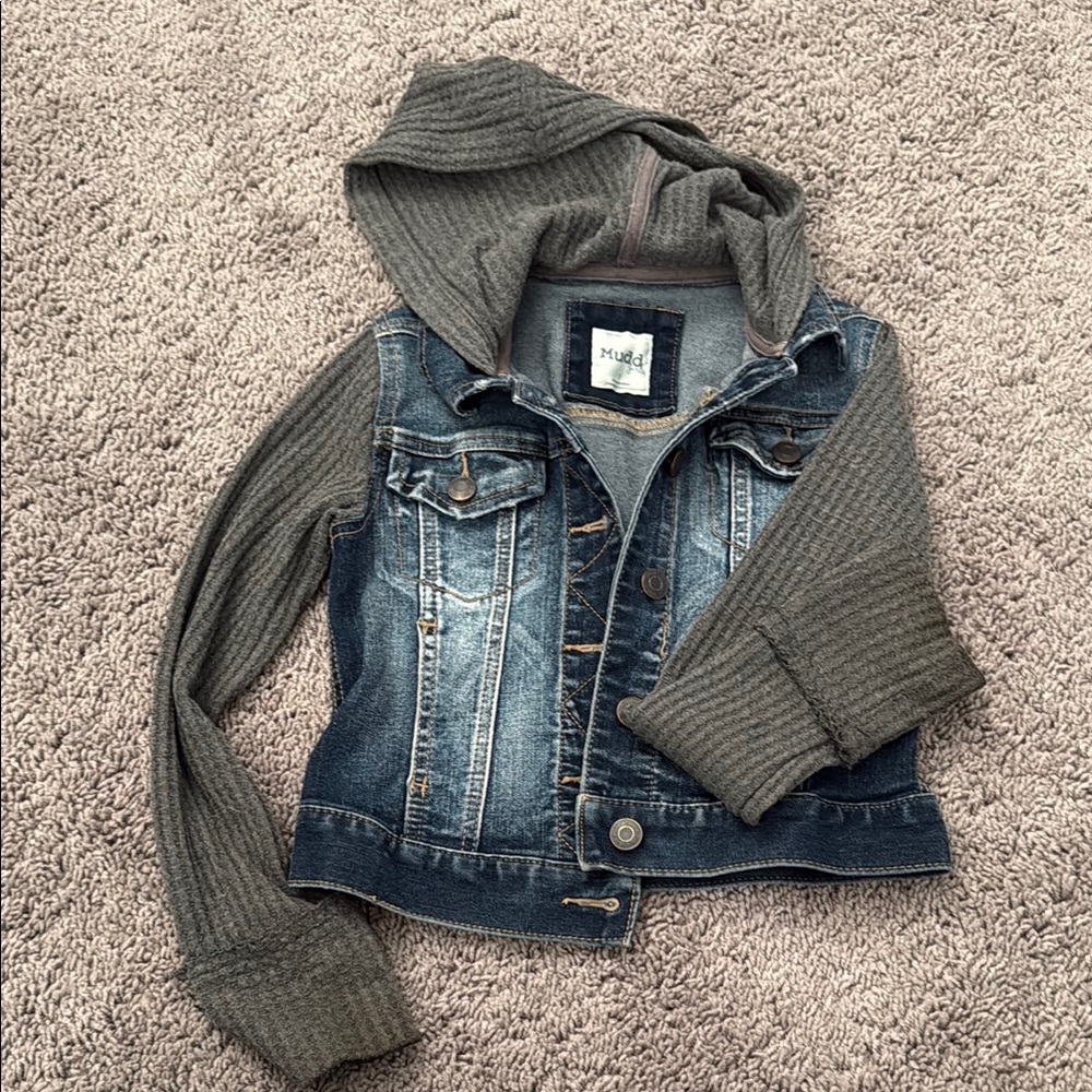 Gray and Blue Denim Jacket with Hood